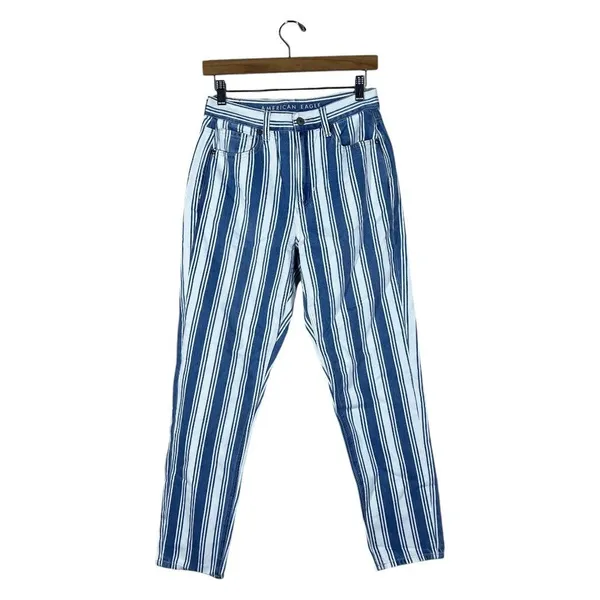 American Eagle Mom Jean Striped Denim Pants Blue White High Rise Tapered Size 2 - Image 2