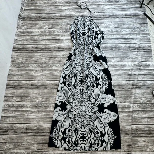 Million Bullpup Paisley Maxi Dress Halter Drop Waist Boho White Navy Small - Image 13