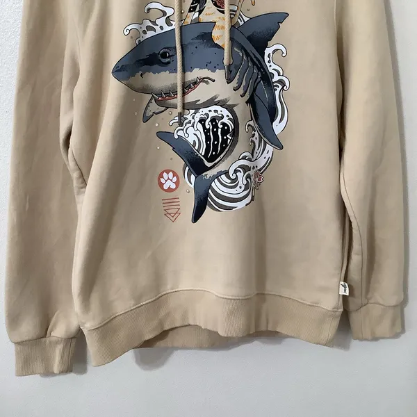 S-Ponder Y2K Style Graphic Funny Japanese Cat on Shark Cream‎ Cozy Hoodie XL - Image 3