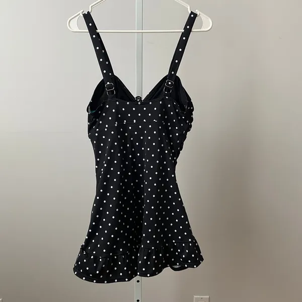Septangle‎ Retro L Black Polka Dot Swimdress Ruched One Piece Swimsuit VTG Style - Image 8