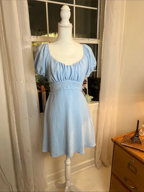 Altar'd State Baby Blue Puff Sleeve Empire Dress size medium. - Image 4