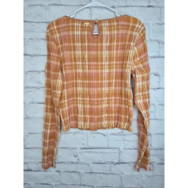 NWT Billabong Check Me Out Crop Top Plaid Smocked Long Sleeve Sunburnt Orange L - Image 8