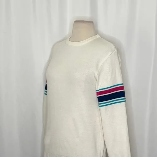 Vintage MEISTER White Stripe Sleeves Sweater Pullover Knit Sporty Outdoors Small - Image 5