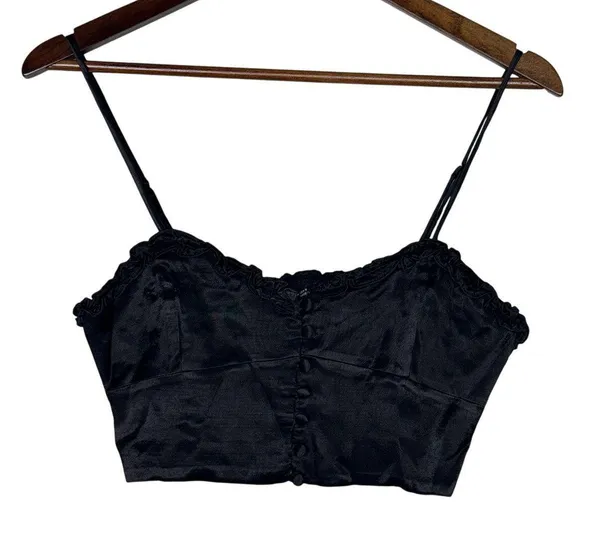 Zara Ruffled Satin Crop Top Adjustable Straps Front Buttons Smocked Back M Black - Image 13