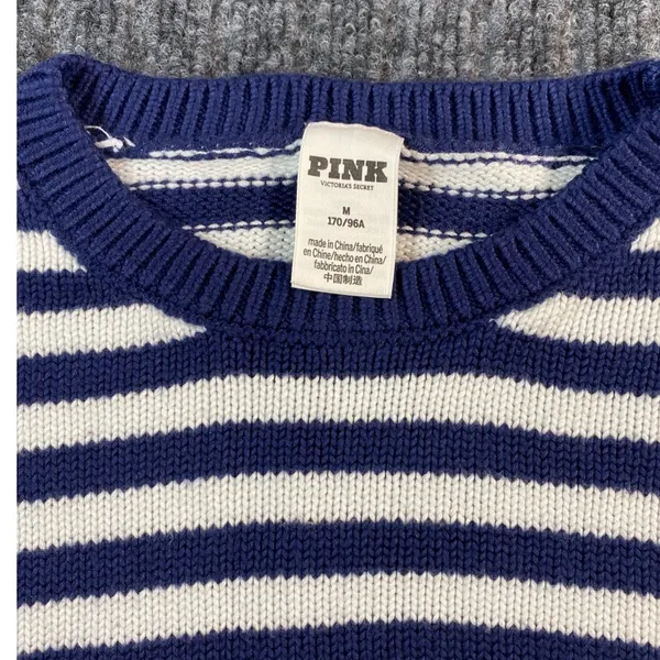 PINK Victoria's Secret Sweater Women M Blue White Striped Cropped Sleeve Detail - Image 2