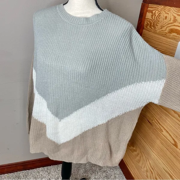Unbranded Tan Grey White Colorblock Long Sleeve Crewneck Knit Sweater - Image 5