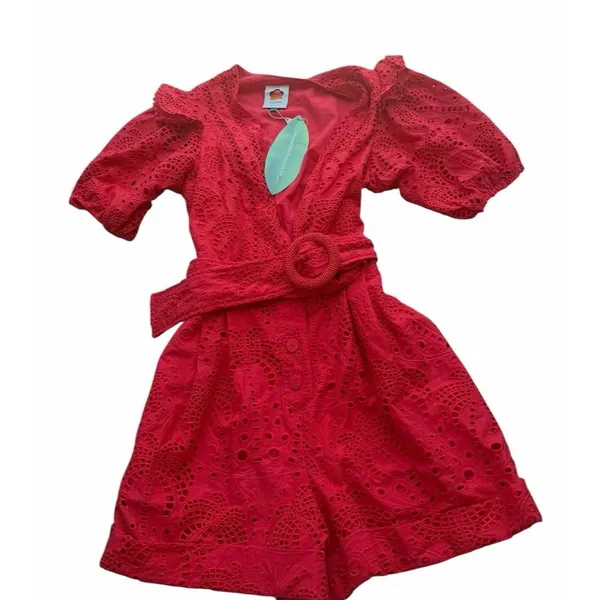 NEW Farm Rio Eyelet Beaded Belt Romper Red Short Sleve Broderie anglaise cotton - Image 6