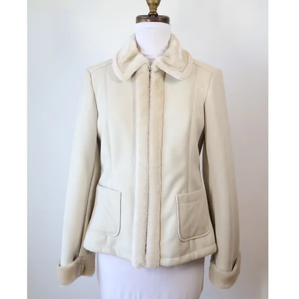 Ann Taylor Beige Shearling Faux Zip Up Jacket Classic Minimalist XS Petite NWT - Image 7