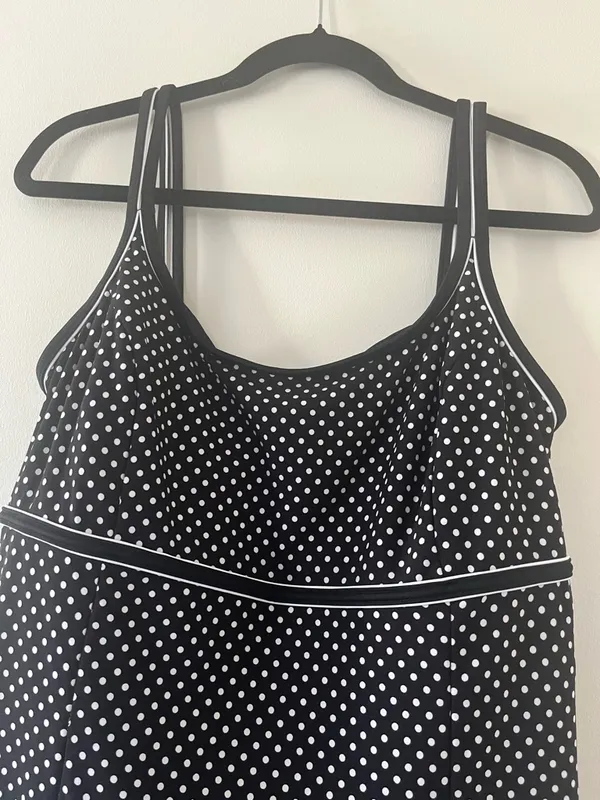 Studio Works Modest polka dot swim dress one piece 14 swimsuit black white retro 1950s - Image 2
