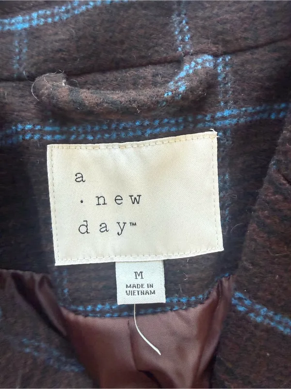 A New Day Plaid Wool Blend Long Belted Coat Size Medium - Image 5