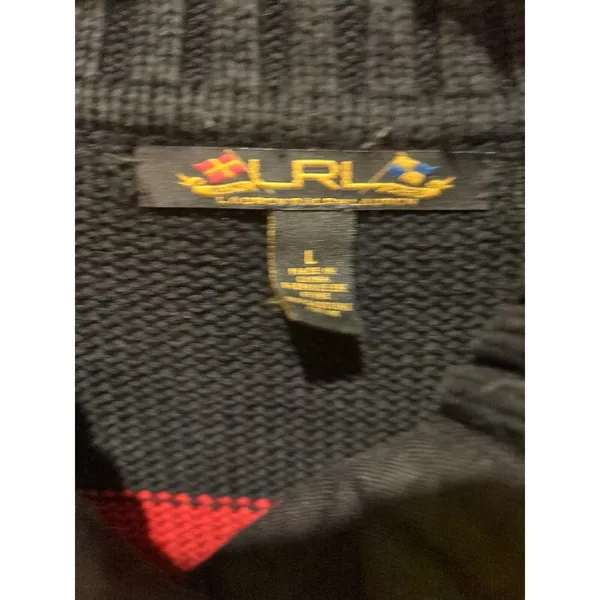 Ralph Lauren LRL Shawl Collar Sweater L Nautical Cotton Black Red Gold Buttons - Image 8