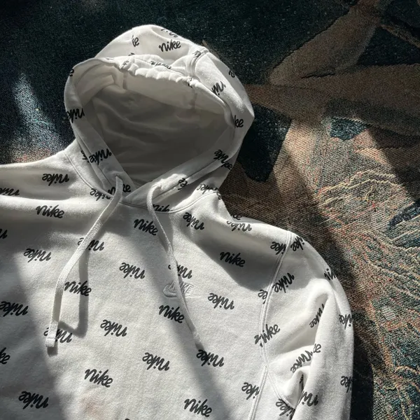 Nike Allover Logo Pullover Hoodie Women’s XS White Black Print Fleece Sweatshirt - Image 3