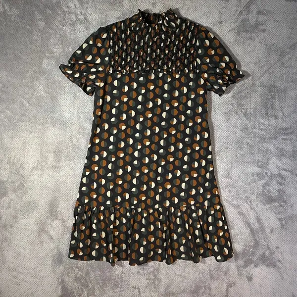 THML Women’s Small Geometric Print Smocked Mock Neck Ruffle Hem Shift Dress - Image 2