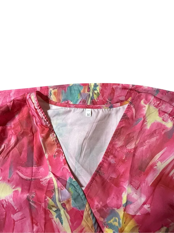 Pink Abstract Floral Tiered Maxi Dress Long Sleeve Faux Wrap Medium - Image 3
