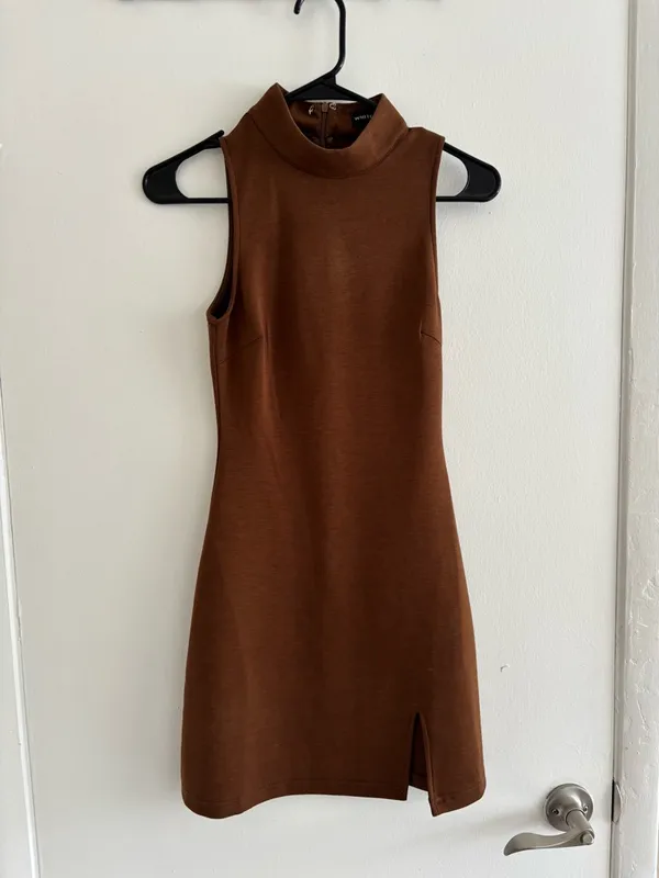 White Fox Boutique Chocolate Brown Mock Neck Mini Dress - Image 2