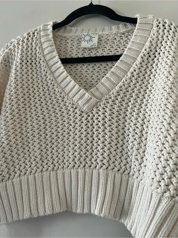 Offline by Aerie Cream Open Knit Cropped V Neck Sweater Small Chunky Coastal - Image 3