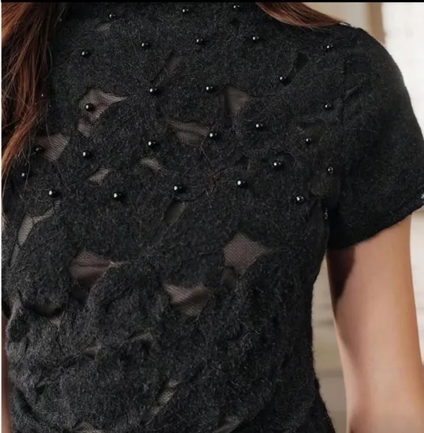 Alice + Olivia Black Burnout Beaded Mock Neck Top Short Sleeve Ruched - Image 2