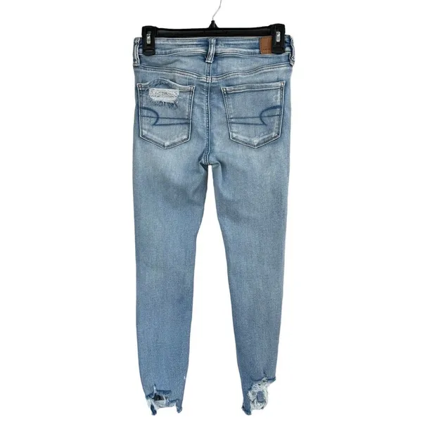 American Eagle SZ 2 SHORT Jegging Jeans Hi-Rise Distressed Stretch Frayed Hems - Image 4