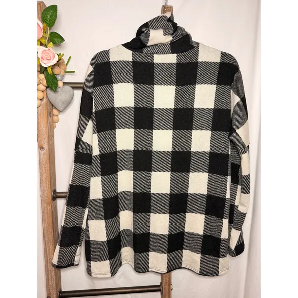 7th Ray Buffalo Plaid Cowl Neck Asymmetrical Button Wrap Sweater Black White L - Image 4