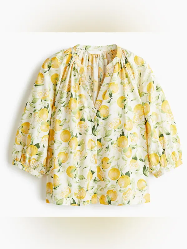 NWOT H&M White Lemon 3/4 Raglan Balloon Sleeved Poplin Cotton Citrus Blouse XS - Image 2
