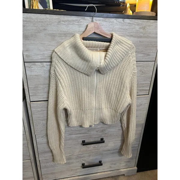 Aerie Cream Chunky Knit Full Zip Cropped Cardigan Sweater Oversized Collar Small - Image 2