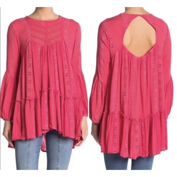 Free People Coral Pink Kiss Kiss Tunic Top Dress Shirt Small Sweetest Dream - Image 2