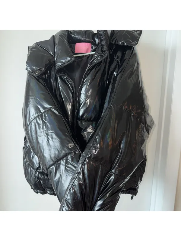 Azalea Wang Black Metallic Bomber Puffer Winter Coat Medium Jacket Shiny LIKEnew - Image 7