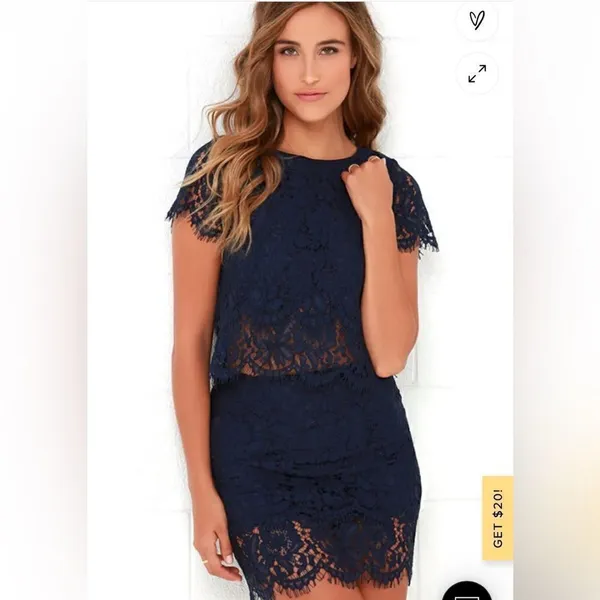 Lulus Turn Back Time Lace Two-Piece Crop Top Mini Skirt Set Small Navy - Image 2