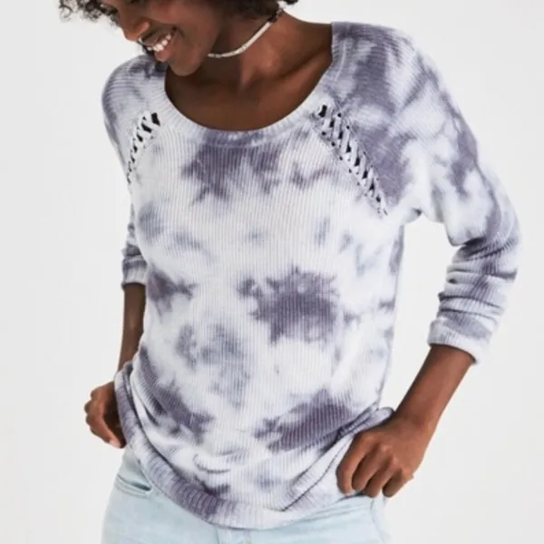 AMERICAN EAGLE Shoulder Stitch Sweater Gray Black ? Tie Dye Boho Crew Neck Boho - Image 2