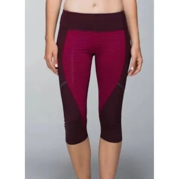 Lululemon Crop Leggings 10 Maroon Burgundy Stripe Activewear Yoga Pants‎ - Image 3