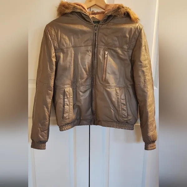 vintage hill & archer leather bomber heavy winter jacket with fox tail hood M - Image 2