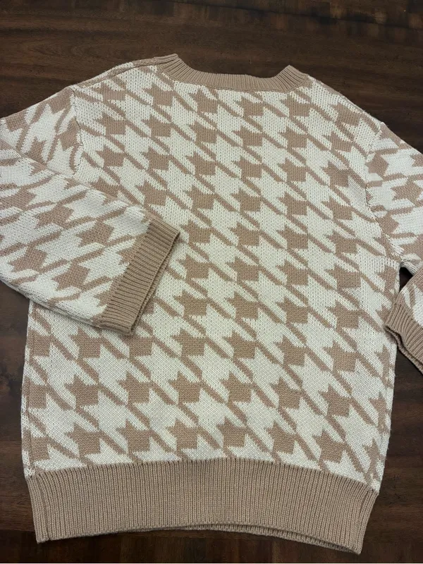Princess Polly Sweater Women’s Medium Large Houndstooth Tan White - Image 3