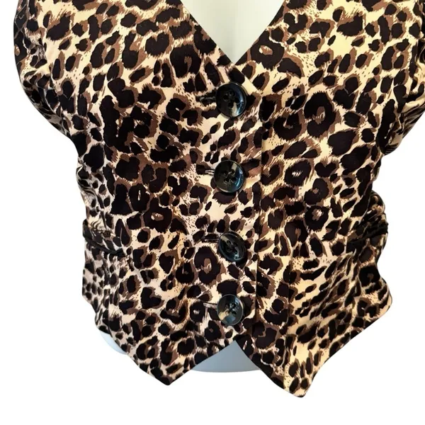 Y2K Cropped Button Front Halter Vest Top Sz M Leopard Animal Print Mob Wife - Image 4