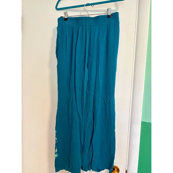Curations Teal Blue Embroidered Wide Leg Pants Boho Crinkle Viscose Pockets M - Image 5