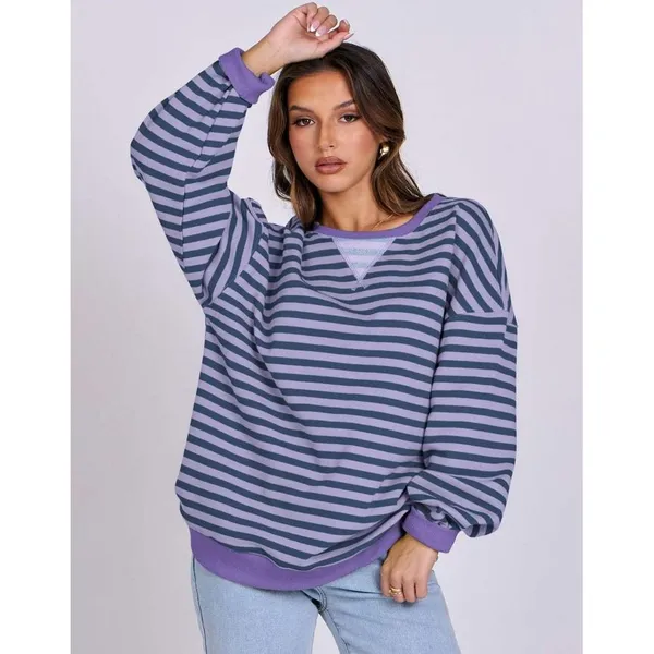 ANRABESS Striped Oversized Purple Blue Long Sleeve Sweatshirt Large - Image 2