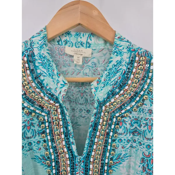 Charter Club Linen Tunic Womens M Luxury Paisley Turquoise‎ Beaded V-Neck EUC - Image 2