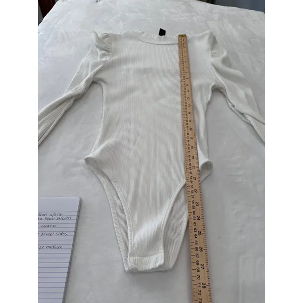 SHEIN Womens White Ribbed Mock Neck Puff Shoulder Long Sleeve Bodysuit Large - Image 6
