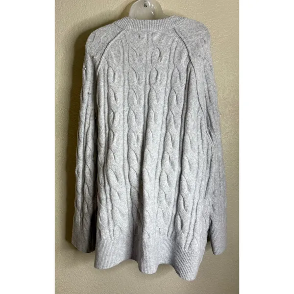 Aerie‎ Women XL Sweater Grey Pearl Embellished Cable Knit Raglan Sleeve Classic - Image 2