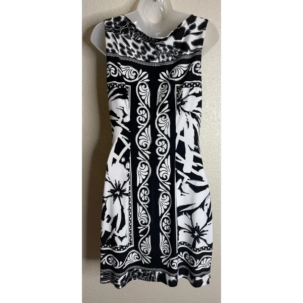 Cache Womens 12 Sheath Dress Black White Floral Scroll Sleeveless Boat Neck Chic - Image 2