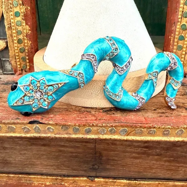 Turquoise Enamel Snake Brooch – Rhinestone Statement Serpent Pin Blue - Image 3