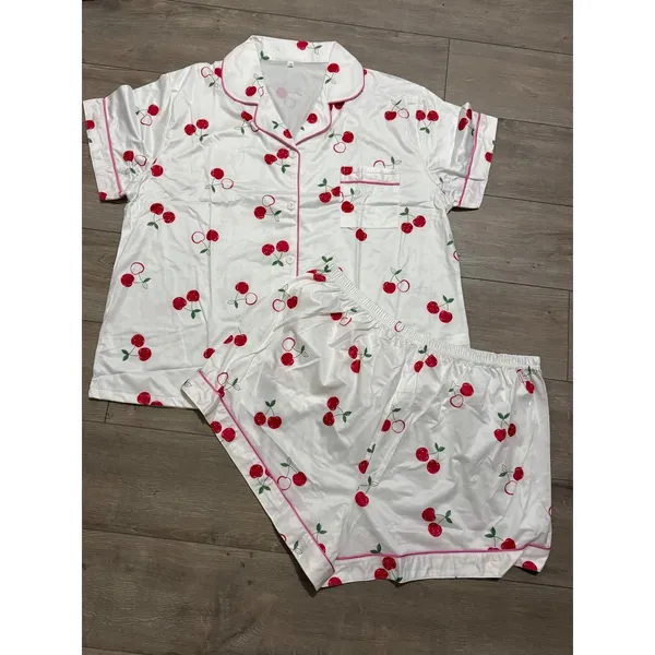 NIB- White Cherry Print Satin Pajama Set Short Sleeve Button Down Shorts XXL - Image 2