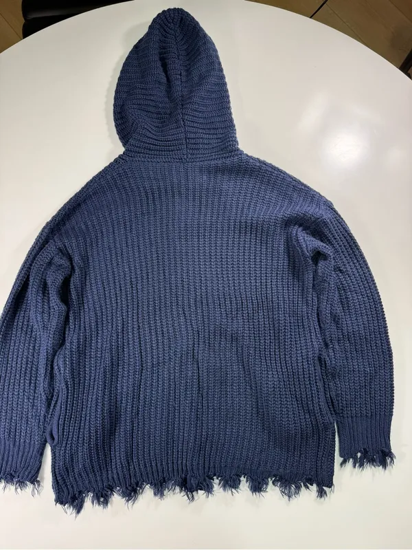Frayed-Hem Hooded Zip Cardigan Sweater in Navy - Image 8