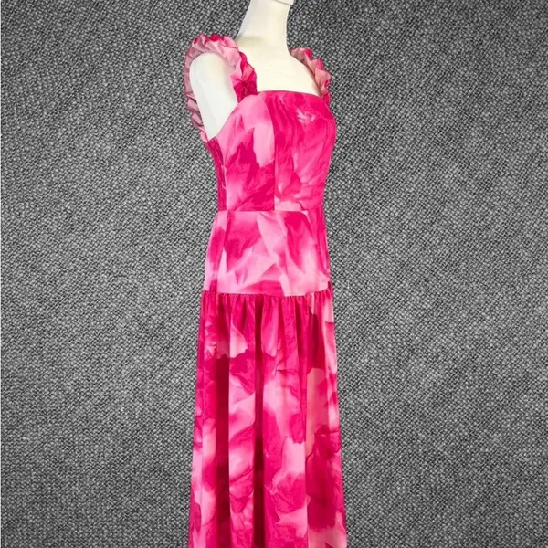 Pink And White Floral Ruffle Strap Dress - Image 3