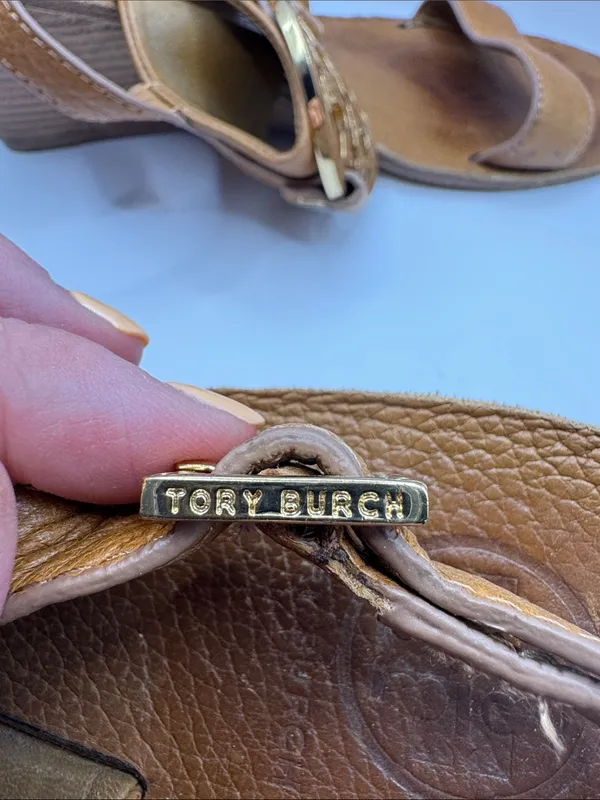 Tory Burch Amanda Brown Leather Logo Medallion Wedge Sandals Size 9.5M - Image 10