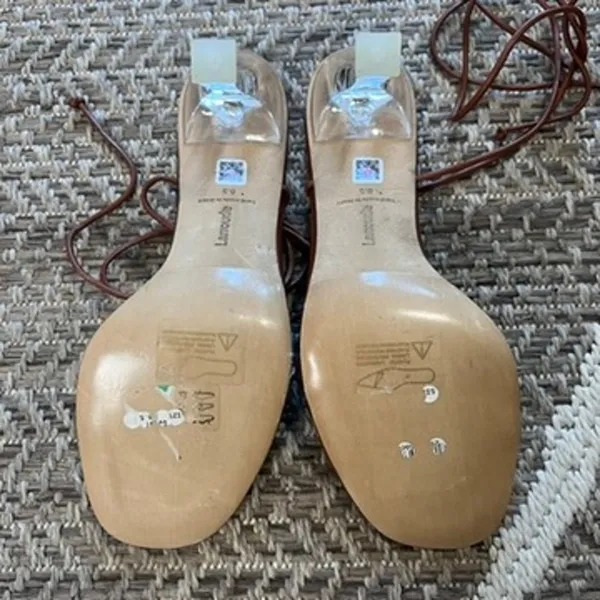 Larroudé Gloria Sandal In Caramel Leather and Vinyl Sz 8.5 - Image 6