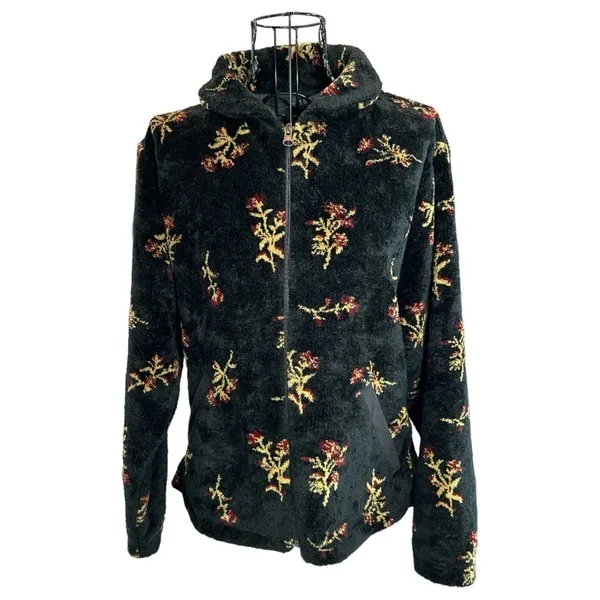 VTG Black Diamond Sherpa Fleece Botanical Floral Print Jacket Black Size Small - Image 2