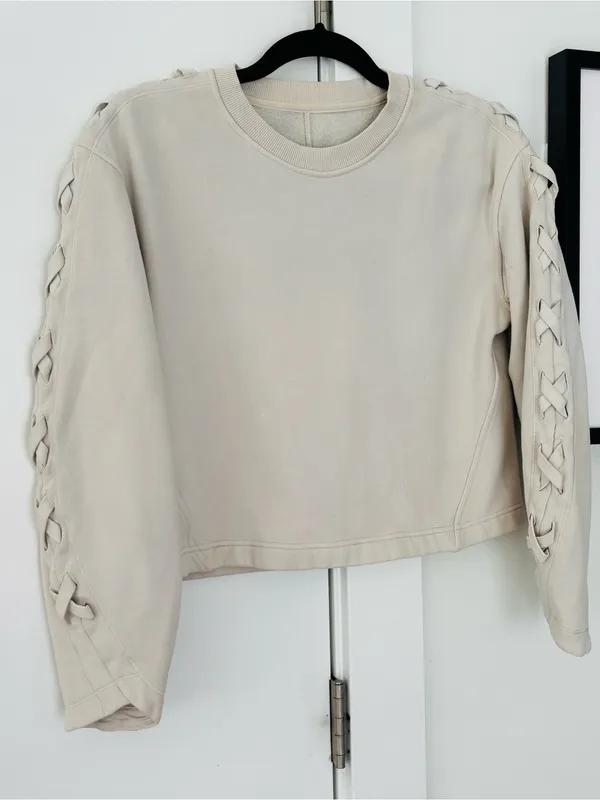 Lululemon braided sleeve crewneck cotton pullover beige size 6 - Image 3