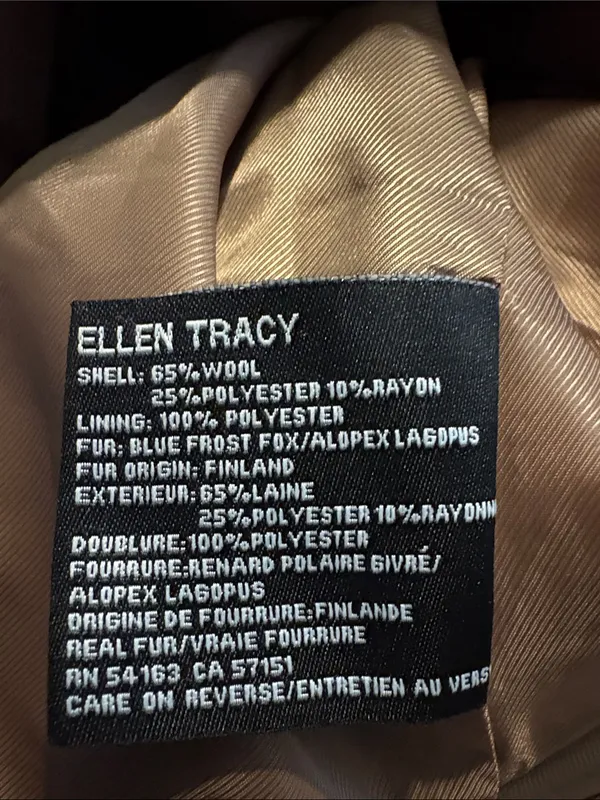 Ellen Tracy Size 6 Brown Wool Blend Belted Pea Coat Fox Fur Collar - Image 4
