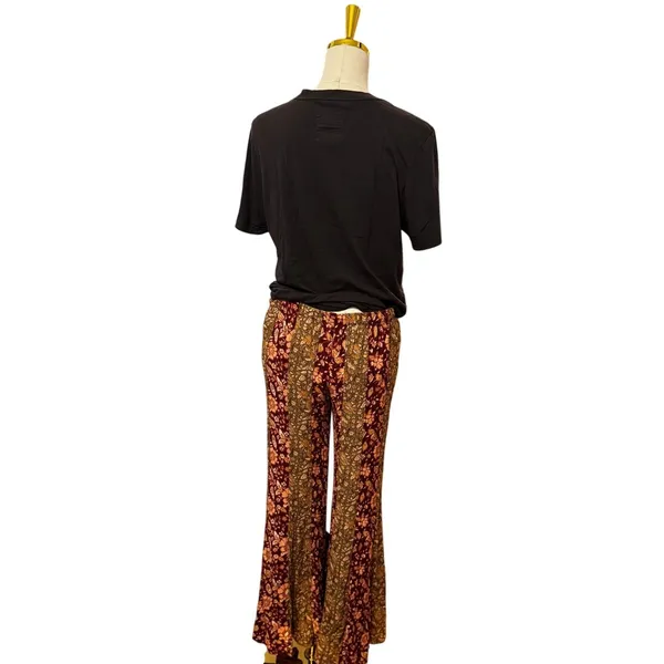 Free People Bali Wide Leg Flare Pants Wine Floral Patchwork Boho Size S - Image 3