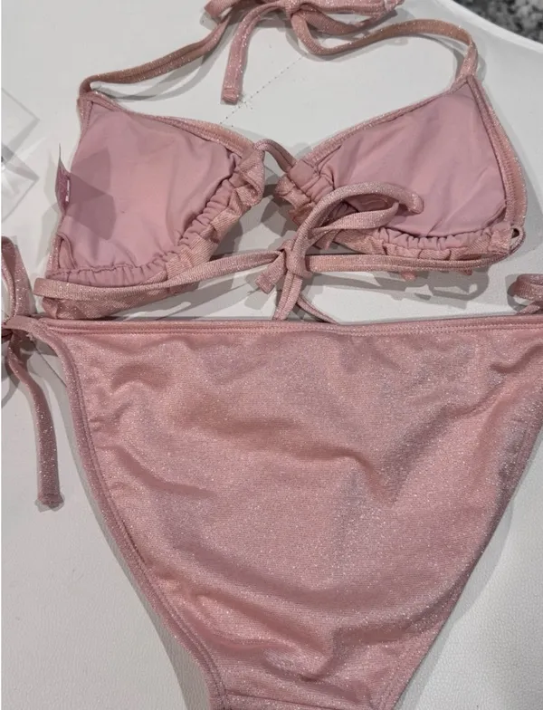 Xhilaration Pink Sparkly Metallic Ruffle Triangle Tie Bikini Set - Image 5